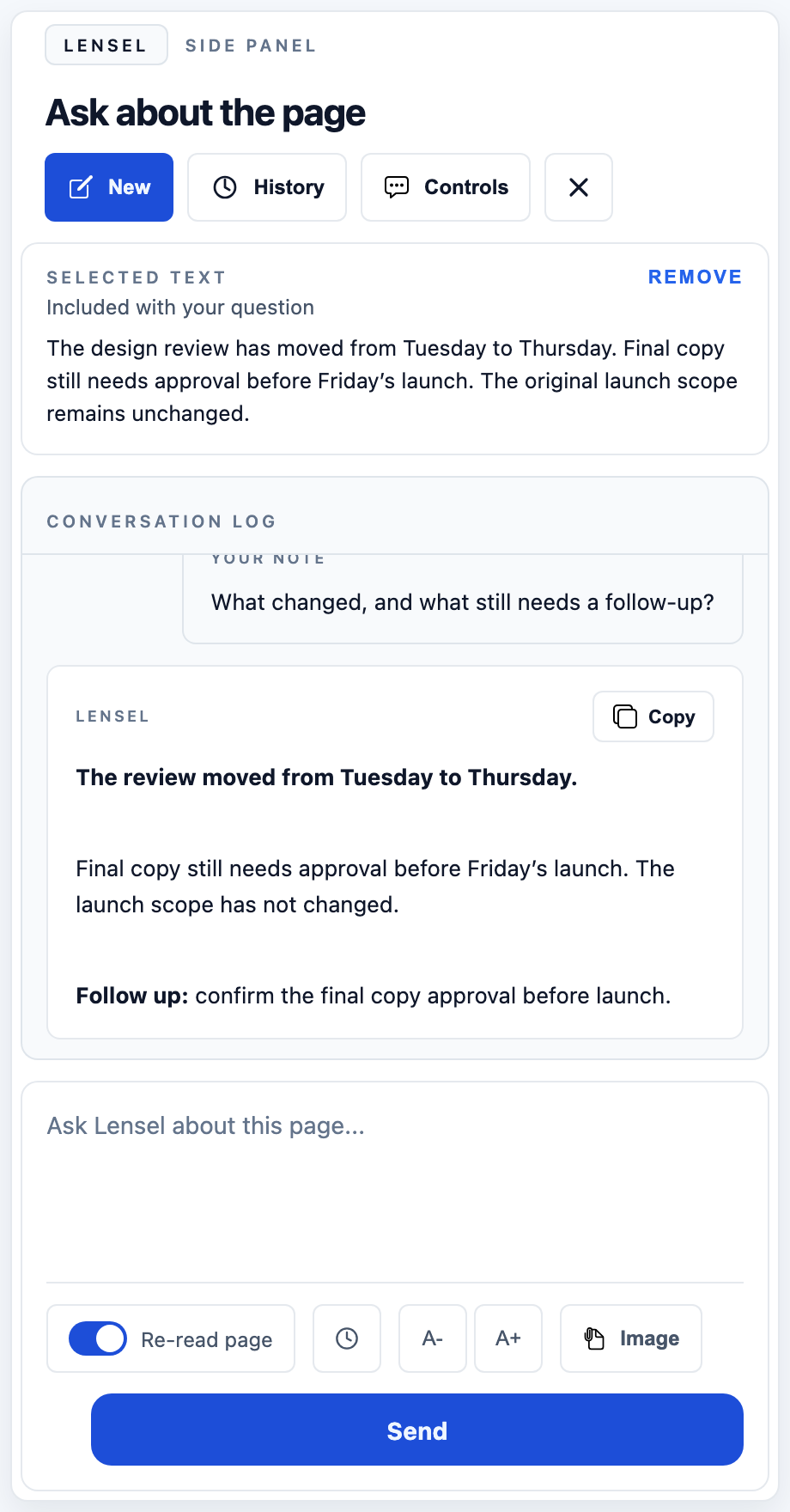 Lensel answering a question about selected webpage text