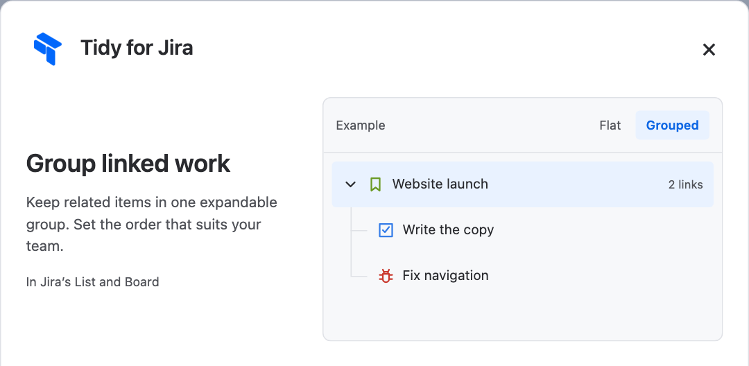Tidy for Jira grouping example with linked tasks expanded