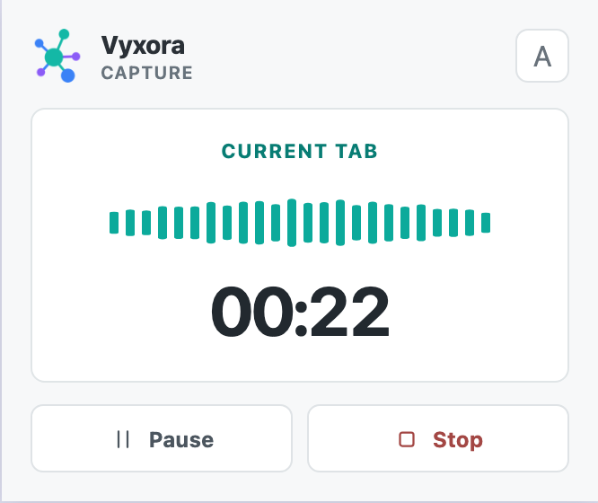 Vyxora Capture recording preview with timer, Pause and Stop controls