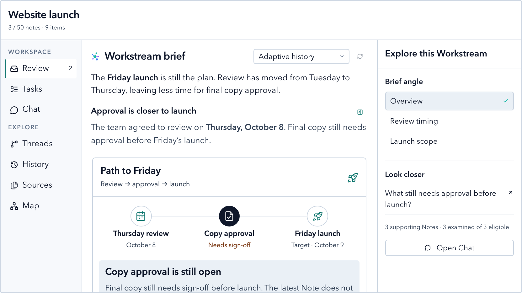 Vyxora Workstream brief with connected Notes and launch checkpoints